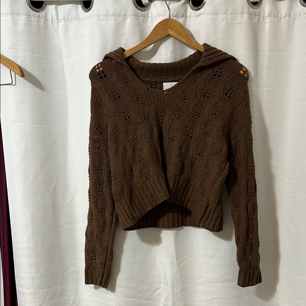 Pink Rose Brown Crew Neck Sweater with Gathered Front